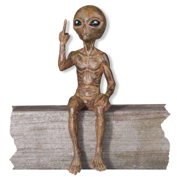 Rude Alien Statue “Flipping The Bird” 10″ H Shelf Sitter Extraterrestrial Figurine Funny Home or Garden Decoration – Starlight Bronze
