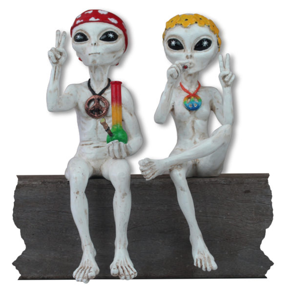 Alien Invasion™ - "Hippie & Stoner”  10″ H Pot Smoking Alien Couple – Antique White