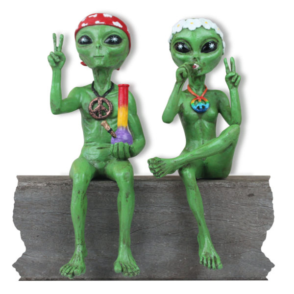 Alien Invasion™ - "Hippie & Stoner" 10" H Pot Smoking Alien Couple - Cosmic Green