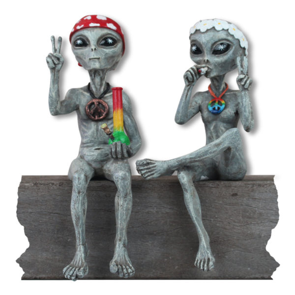 Alien Invasion™ - “Hippie & Stoner”  10″ H Pot Smoking Alien Couple – Alien Gray
