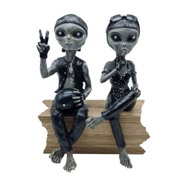 Alien Invasion™ - Biker Babe & Biker Dude Ledge Loungers “Peace & Quiet” 10 INCH H Funny Home or Garden Alien Statues Figurine Set - Alien Gray
