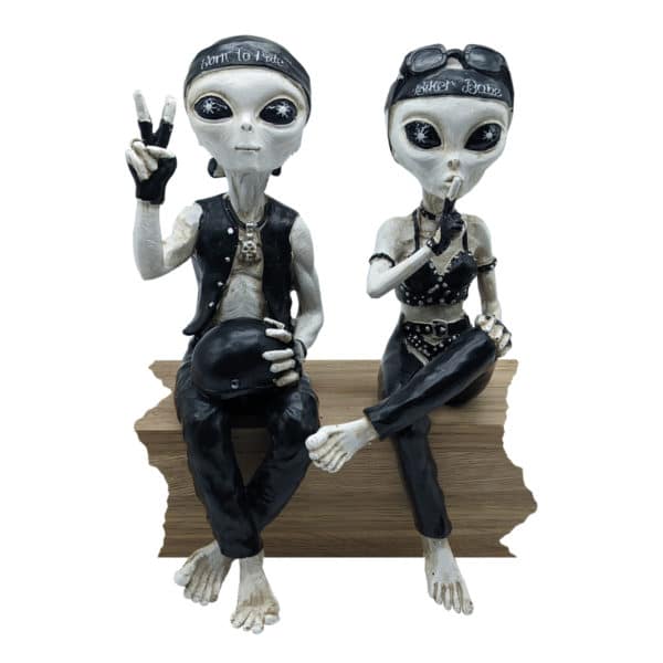 Alien Invasion™ - Biker Babe & Biker Dude Ledge Loungers “Peace & Quiet” 10 INCH H Funny Home or Garden Alien Statues Figurine Set – Antique White
