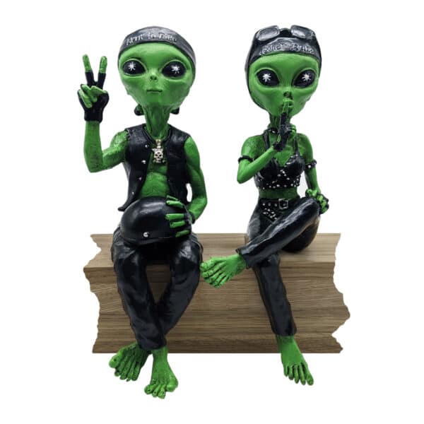 Alien Invasion™ - Biker Babe & Biker Dude Ledge Loungers “Peace & Quiet” 10 INCH H Funny Home or Garden Alien Statues Figurine Set – Cosmic Green