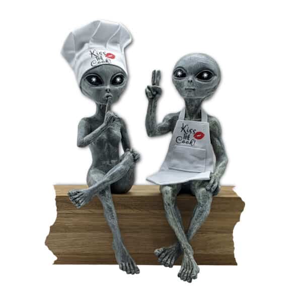 Alien Invasion™ - “Kiss the Cook” Ledge Loungers with Chef’s Hat & Apron 10 inch H Funny Kitchen or Home Decoration Alien Statues Set - Alien Gray