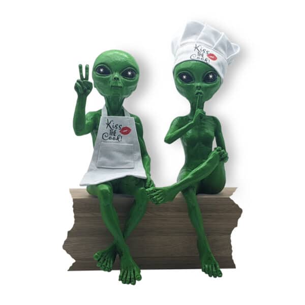 Alien Invasion™ - “Kiss the Cook” Ledge Loungers with Chef’s Hat & Apron 10 inch H Funny Kitchen or Home Decoration Alien Statues Set - Cosmic Green