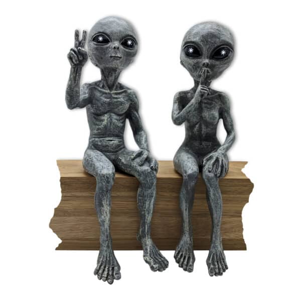 Alien Shelf Sitters “Peace & Quiet” 10″ H Extraterrestrial Statues Set – Alien Gray