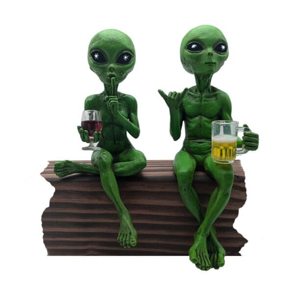 Alien Invasion™ - “Party Alien” Wine Drinking Female and Beer Drinking Male Ledge Lounger 10 Inch H Funny Home or Garden Alien Statue Set - Cosmic Green