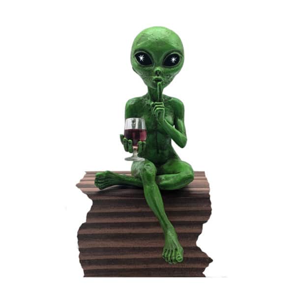 Alien Invasion™ - “Party Alien” Wine Drinking Female Ledge Lounger 10 Inch H Funny Home or Garden Alien Statue Set - Cosmic Green
