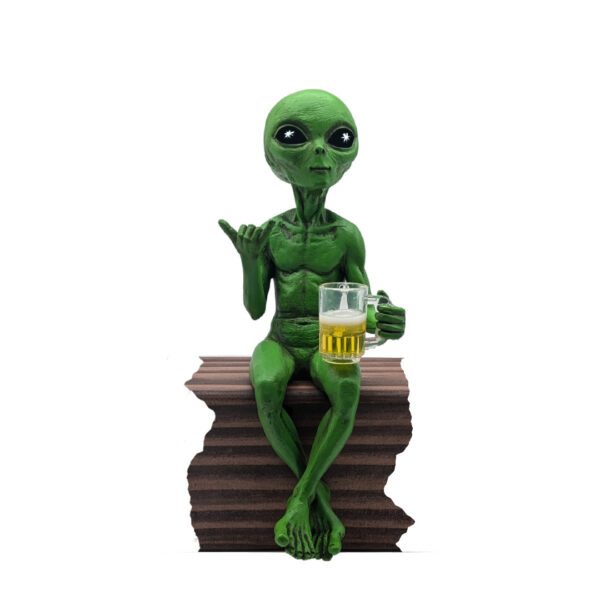 Alien Invasion™ - “Party Alien” Male Hang Loose Beer Drinking Ledge Lounger 10 Inch H Funny Home or Garden Alien Statue - Cosmic Green