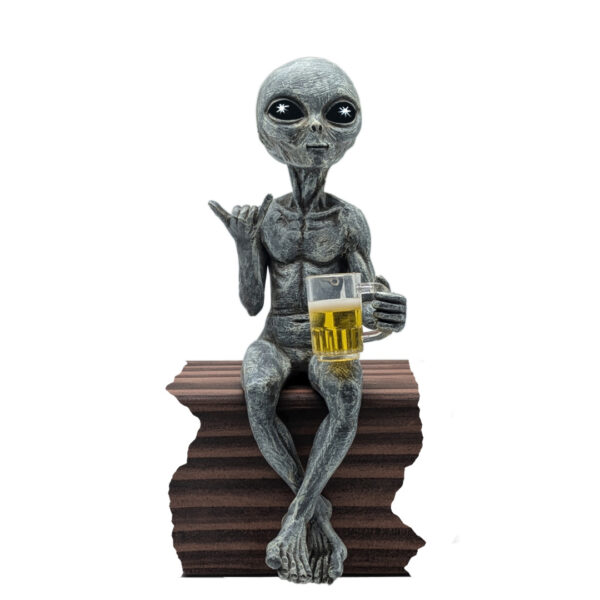 Alien Invasion™ - “Party Alien” Male Hang Loose Beer Drinking Ledge Lounger 10 Inch H Funny Home or Garden Alien Statue - Alien Gray