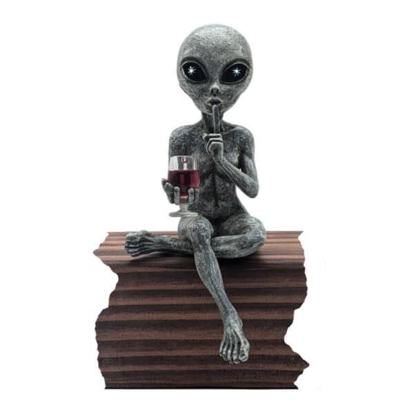 Alien Invasion™ - “Party Alien” Female Wine Drinking Ledge Lounger 10 Inch H Funny Home or Garden Alien Statue - Alien Gray