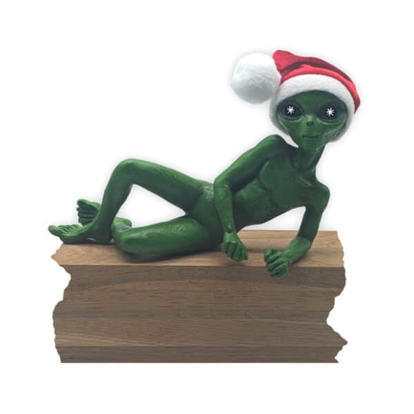 X’Mas Alien Invasion – Christmas Decoration Sexy 10″ Lying Alien Statue and Figurine ‘Thunder’ with Christmas Hat – Cosmic Green