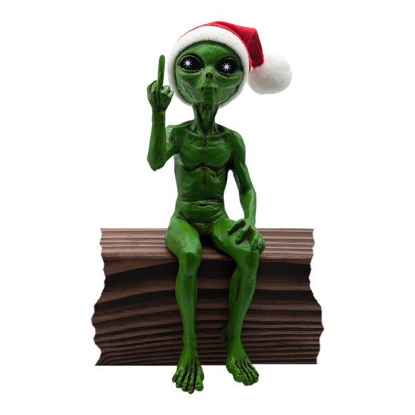 Scrooge McAlien Rude Christmas Alien Statue “Flipping The Bird” 10″ H Shelf Sitter Figurine Funny Christmas Decoration - Cosmic Green