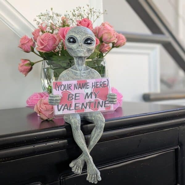 Alien Invasion™ - “Milkyway Messenger” ‘Be my Valentine‘ Personalized Shelf Sitter 10 Inch H Home Décor Alien Statue - Alien Gray