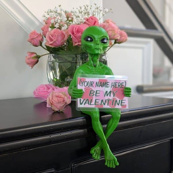 Alien Invasion™ - “Milkyway Messenger” ‘Be my Valentine‘ Personalized Shelf Sitter 10 Inch H Home Décor Alien Statue – Cosmic Green