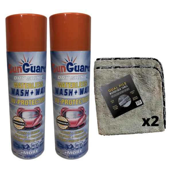 2-Pack Sunguard®/Dry-Shine® Detailing Kit: 2 - 20.5oz  Cans Waterless Wash + Wax with UV Protection and 4 Dual Pile Microfiber Towels. Cleans + Shines, Polishes + Protects Outdoor Painted Surfaces. For Cars, Trucks, Motorcycles, Sports Vehicles, Campers, Trailers, Boats + MORE